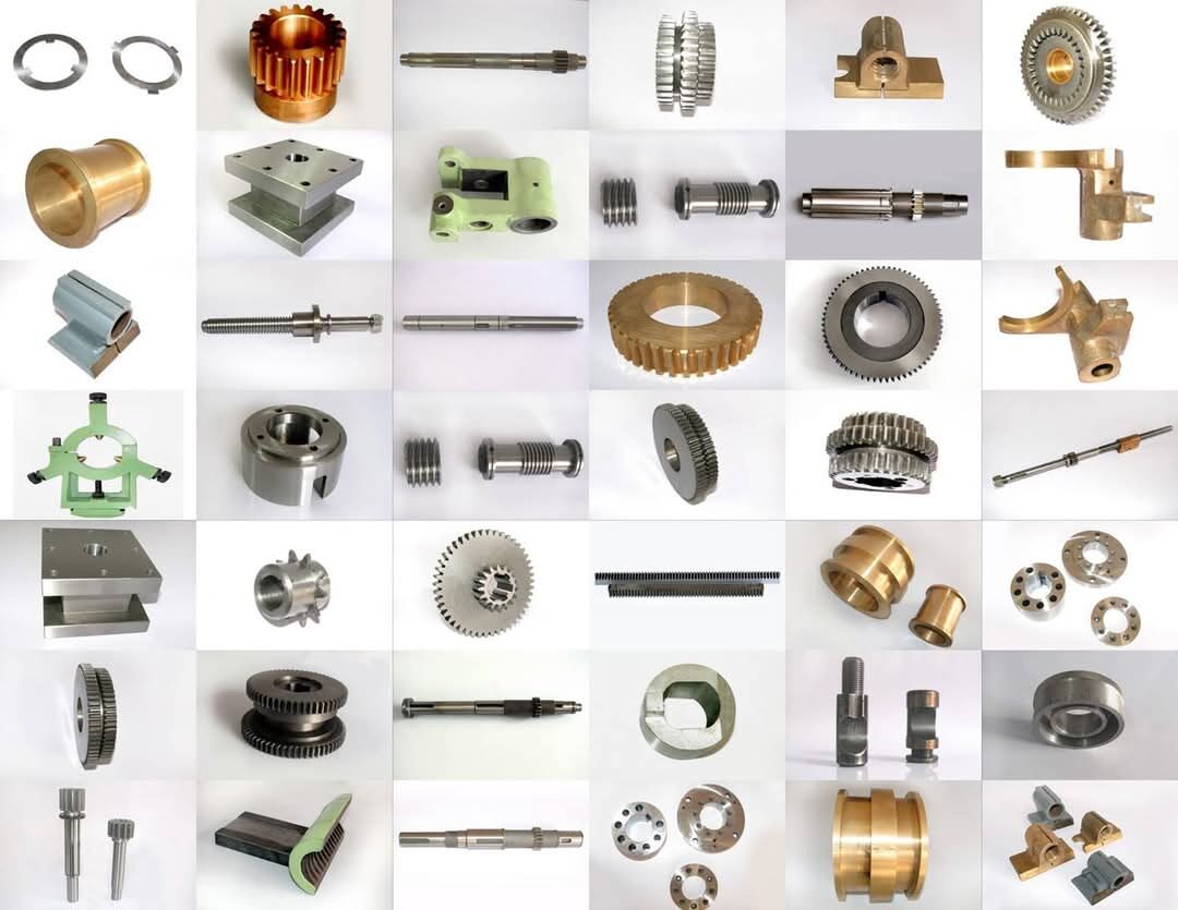 A detailed collage showcasing high-precision mechanical components and machine tool parts, including spur gears, helical gears, spline shafts, lead screws, bush bearings, clutch plates, and other industrial fittings—ideal for lathe machines.